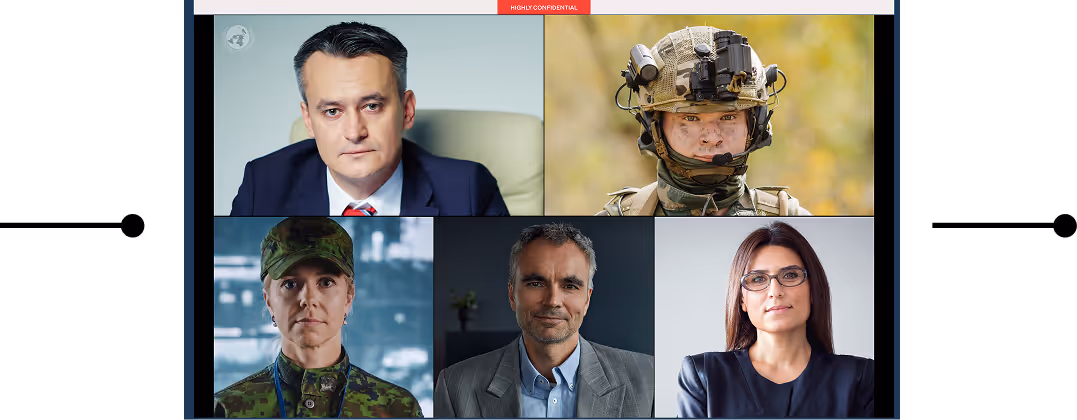 Video conference screen showing five diverse professionals, including a man in a suit, two individuals in military uniforms, and two others in business attire.